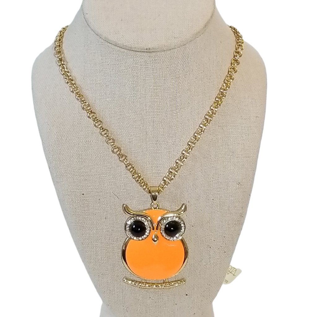 Amrita Singh Austrian Crystal Orange Owl Pendant Long Gold Necklace 35$